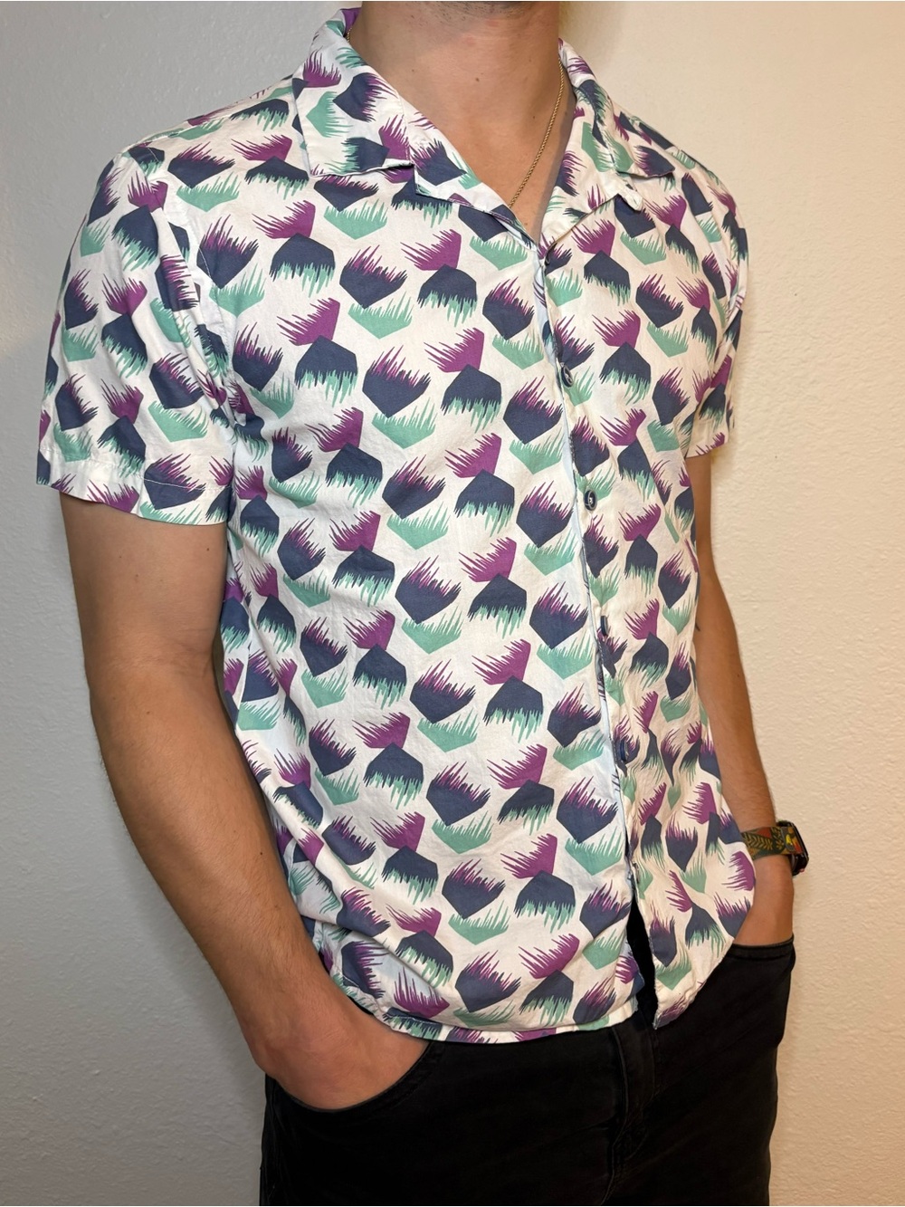 Relaxed Short-Sleeve Button-Up Shirt in Purple & Teal Print